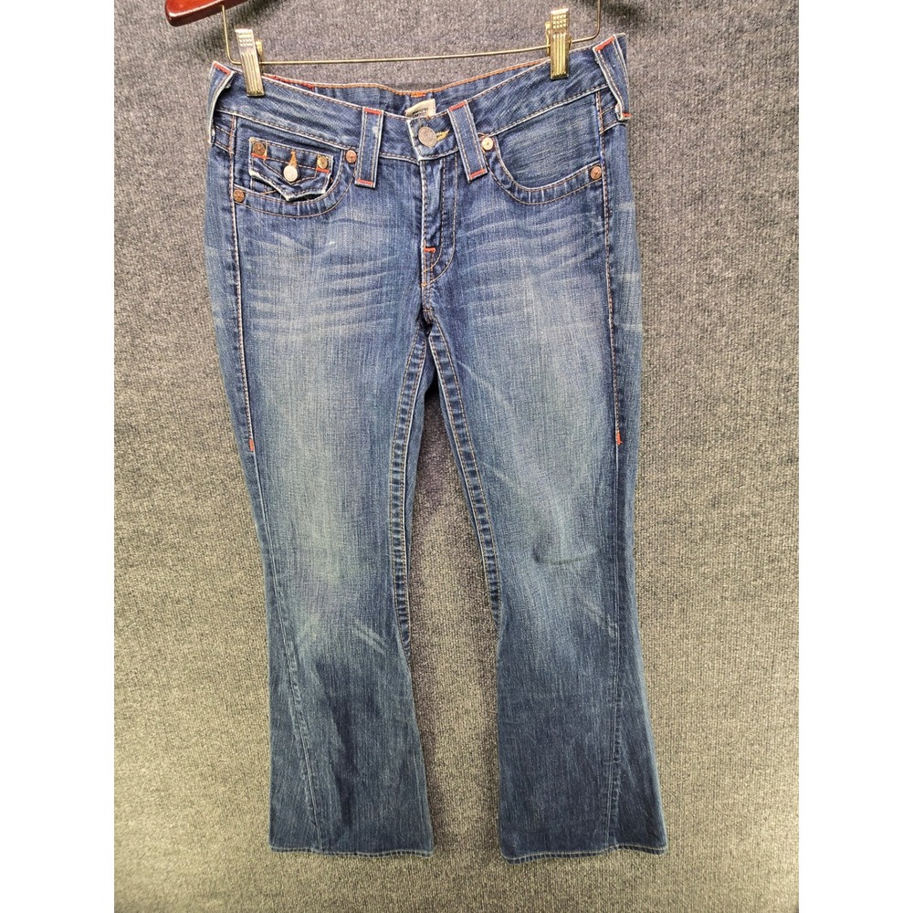 True Religion Joey Flare Jeans Mens 28 Blue Denim Orange Stitch Made in USA